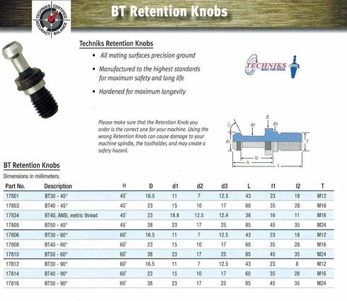 Techniks BT40 Retention Knob 17803 Solid Pull Stud 45 degree 10 Pcs 