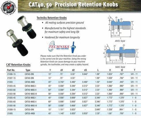 Techniks CAT40 Retention Knob 21006-15 Solid Pull Stud 15 Degrees 10 Pcs