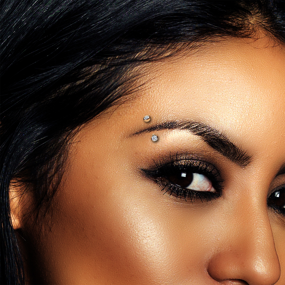 14K Gold Front Facing Double Gem Curved Barbell - Eyebrow, Daith, Rook, image size:1000x1000
