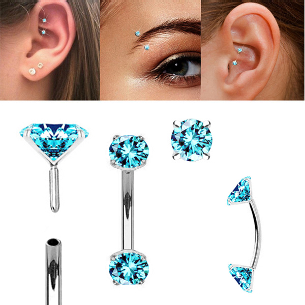 14K Gold Aquamarine PushIn Curved Barbell Rook, AntiTragus, Daith
