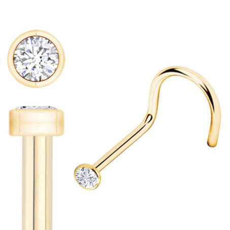 thumbnail image 2 of 14K Solid Gold Nose Screw Ring With Flat CZ Gem - 20g Or 18g - Yellow Or White Gold 2 of 3