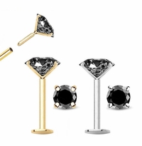 14K Gold Black CZ Flat Back Push-In Stud - Cartilage, Lip, Nose