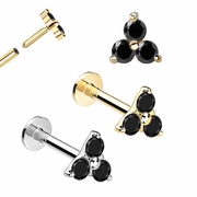 14K Gold Black CZ Trinity Flat Back Push-In Stud - Cartilage, Nose, Lip