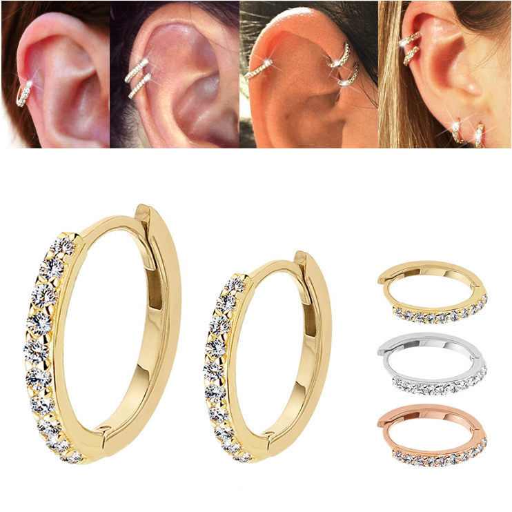14K Gold Cartilage, Helix Pave Hoop Single Earring Nose Hoop