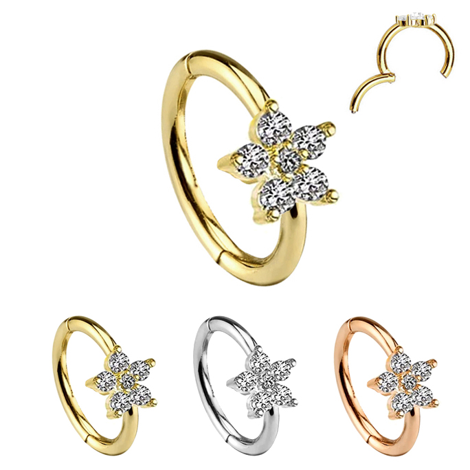 14K Gold CZ Flower Seamless Hinged Clicker Ring Cartilage