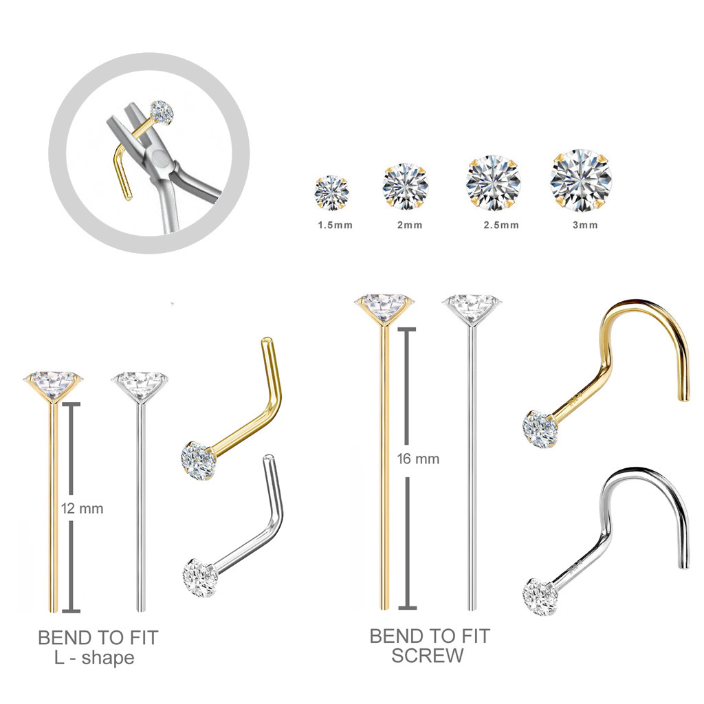 14K Gold Fish Tail Nose Stud 2 mm CZ