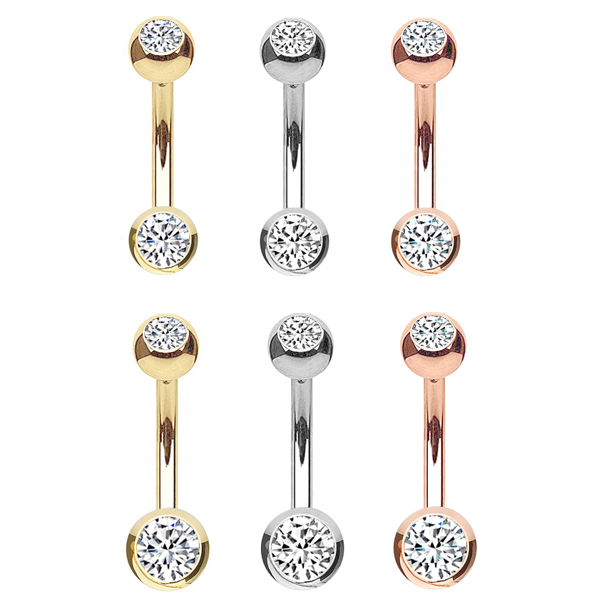 14K Gold Front Facing Double Gem Curved Barbell - Eyebrow, Daith, Rook