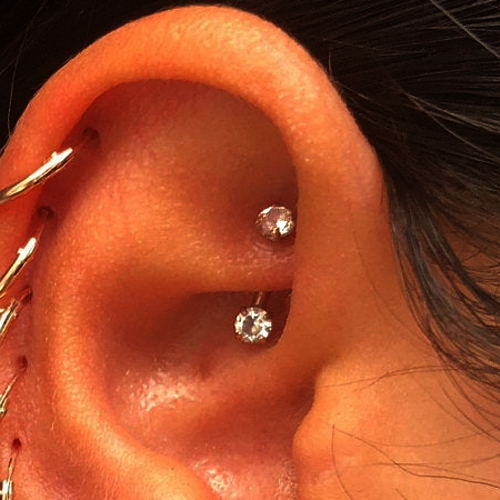 14K Gold Front Facing Double Gem Curved Barbell Rook, Daith, Eyebrow