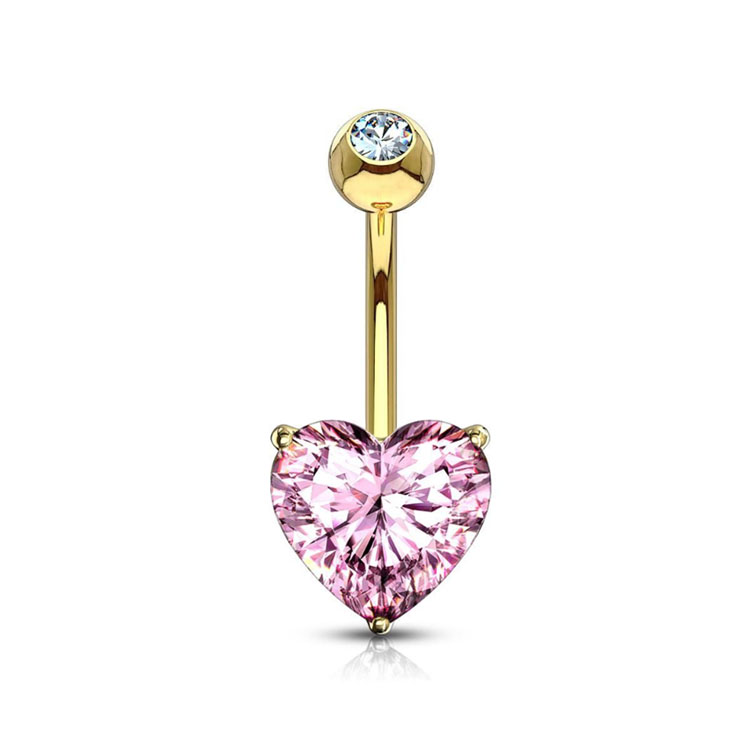 14K Solid Gold Pink Heart Belly Button Ring
