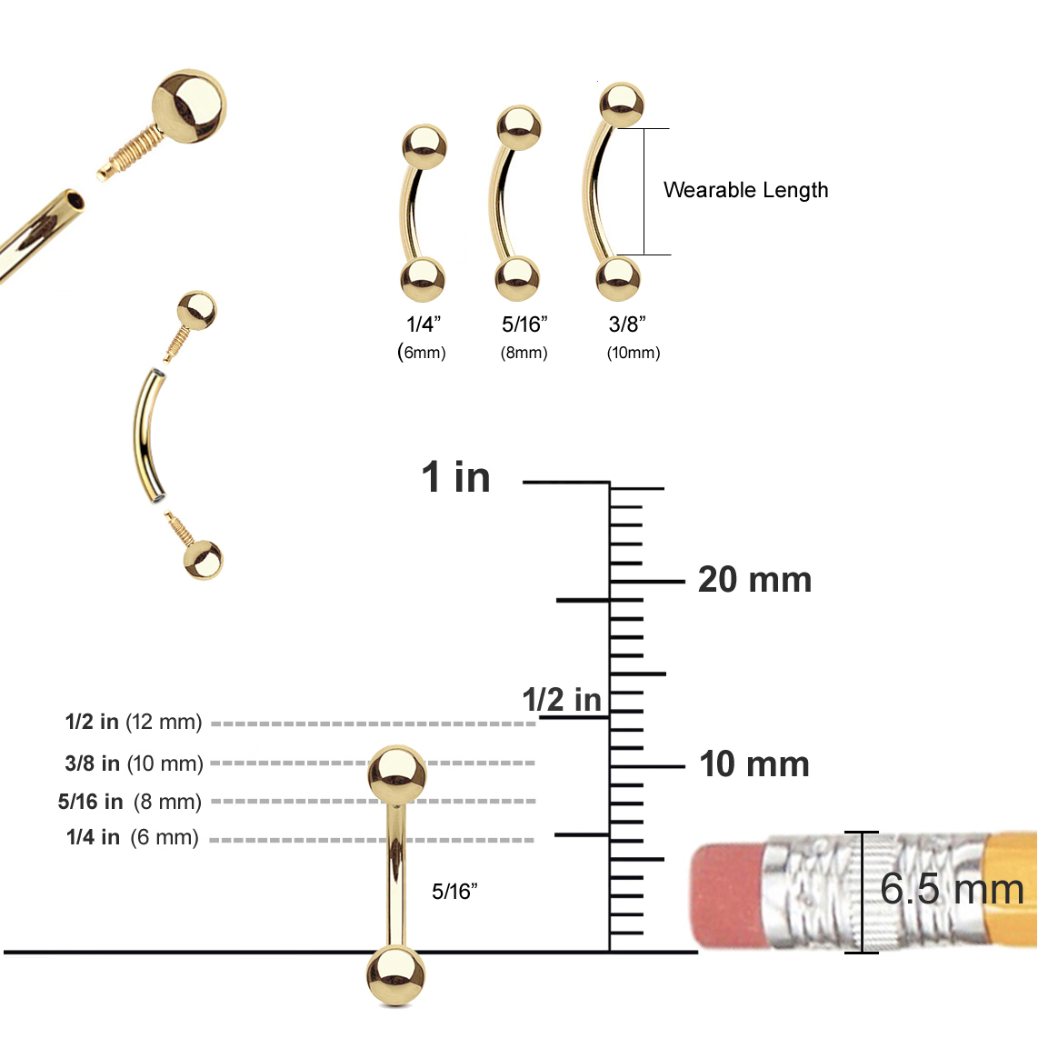 14K Gold Internally Threaded Curved Barbell Eyebrow, Daith, Rook