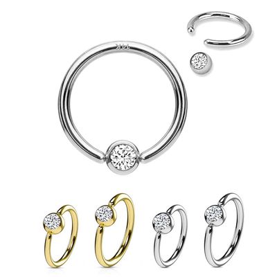 14K Gold CZ Gem CBR Captive Hoop Ring