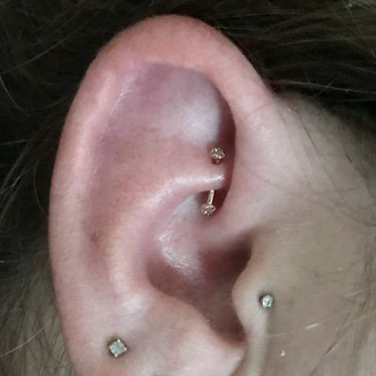 14K Gold PushIn Curved CZ Barbell Rook, AntiTragus, Eyebrow, Daith