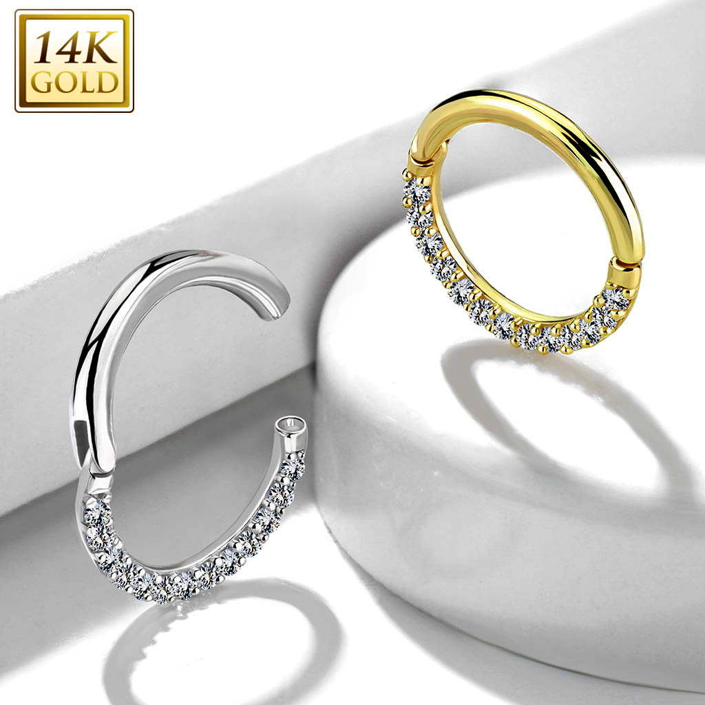 14K Gold Seamless Jeweled 16G Hinged Clicker Ring - Daith