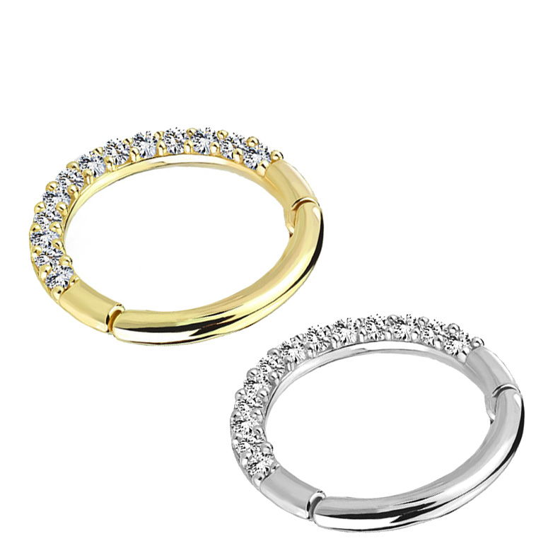 14K Gold Seamless Jeweled 16G Hinged Clicker Ring - Daith