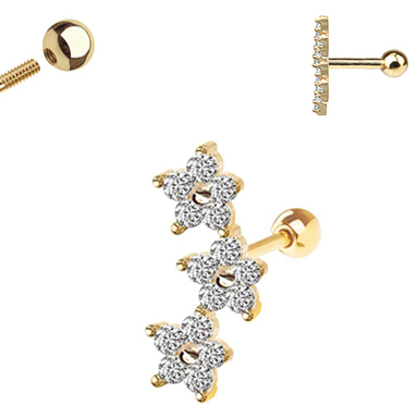 14K Gold Triple Flowers Single Cartilage Earring 18G