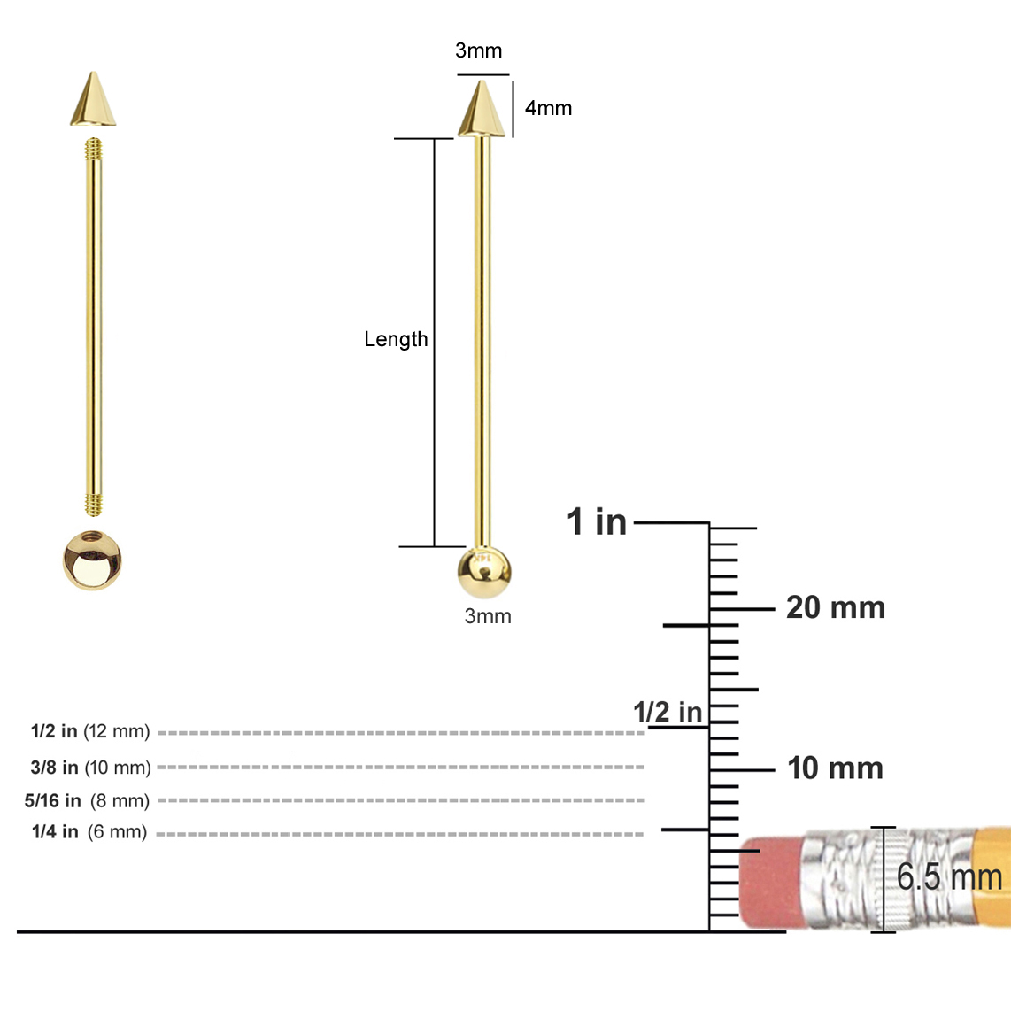14K Gold Spike+Ball Industrial Barbell