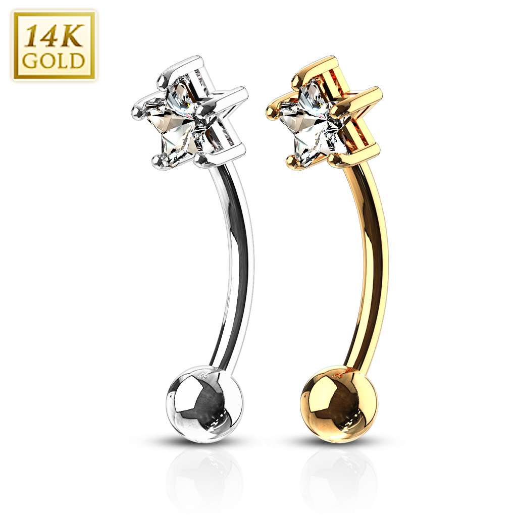 14K Gold Star CZ Curved Barbell - Eyebrow, Daith, Rook Piercing