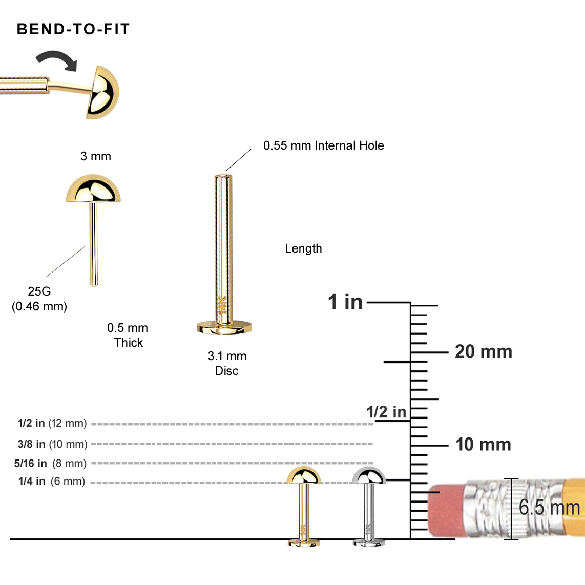 14K Gold Threadless BendToFit PushIn Flat Back 3mm Dome Stud