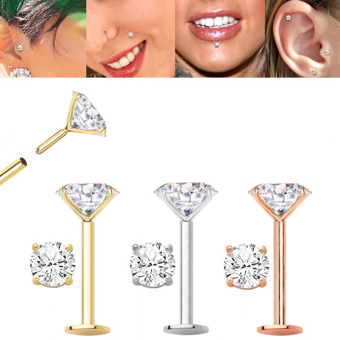 14K Gold Flat Back Push-In Stud - Cartilage, Tragus, Lip, Nose