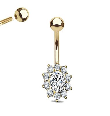 14K Solid Gold CZ Flower Belly Button Ring