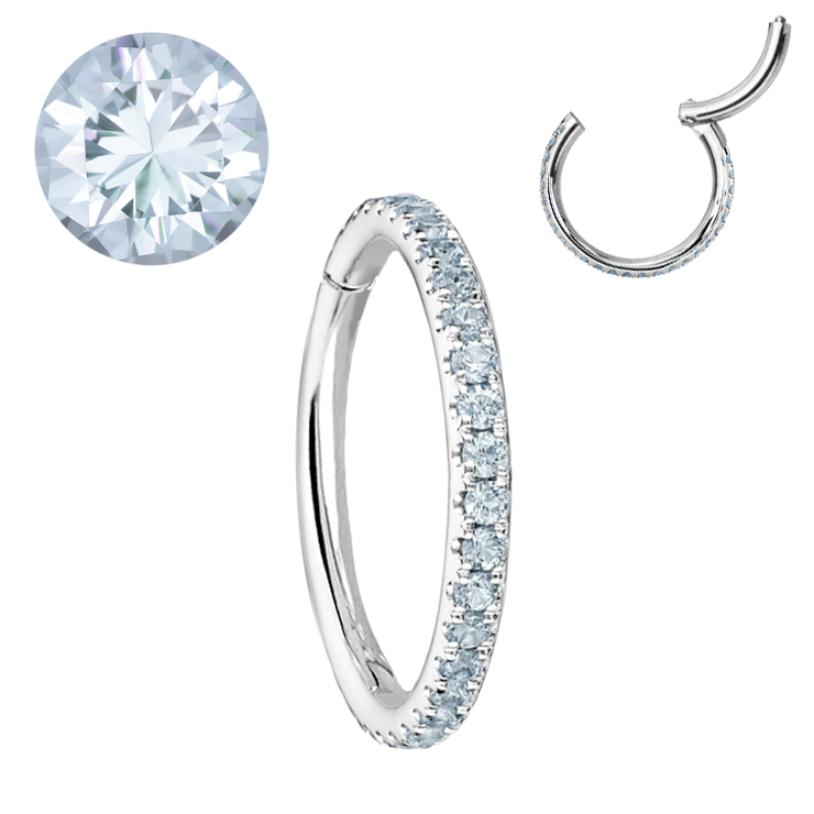 14K White Gold Alice Blue Pave Hinged Clicker Ring Cartilage