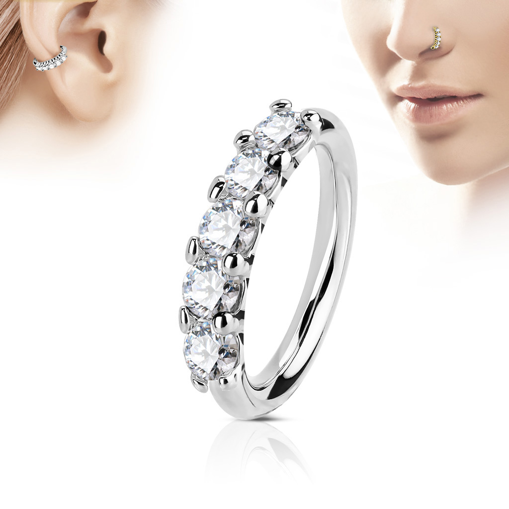 14K White Gold Multi-CZ Hoop Ring for Nose, Cartilage, Tragus 18G