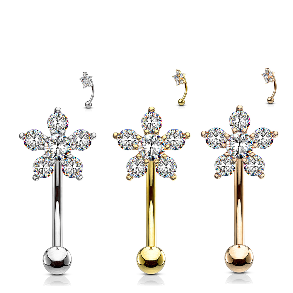316L Flower CZ Curved Barbell Eyebrow, Rook, AntiTragus, Snug Piercings