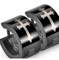 Pair of 316L Huggie Earrings - Black IP Roman Cross