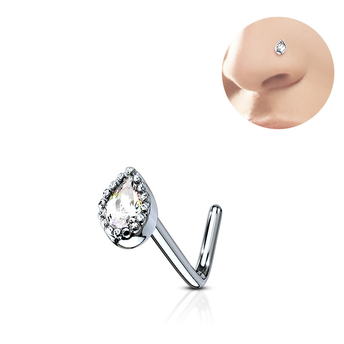 316L Jeweled CZ L-Shaped Nose Ring Teardrop