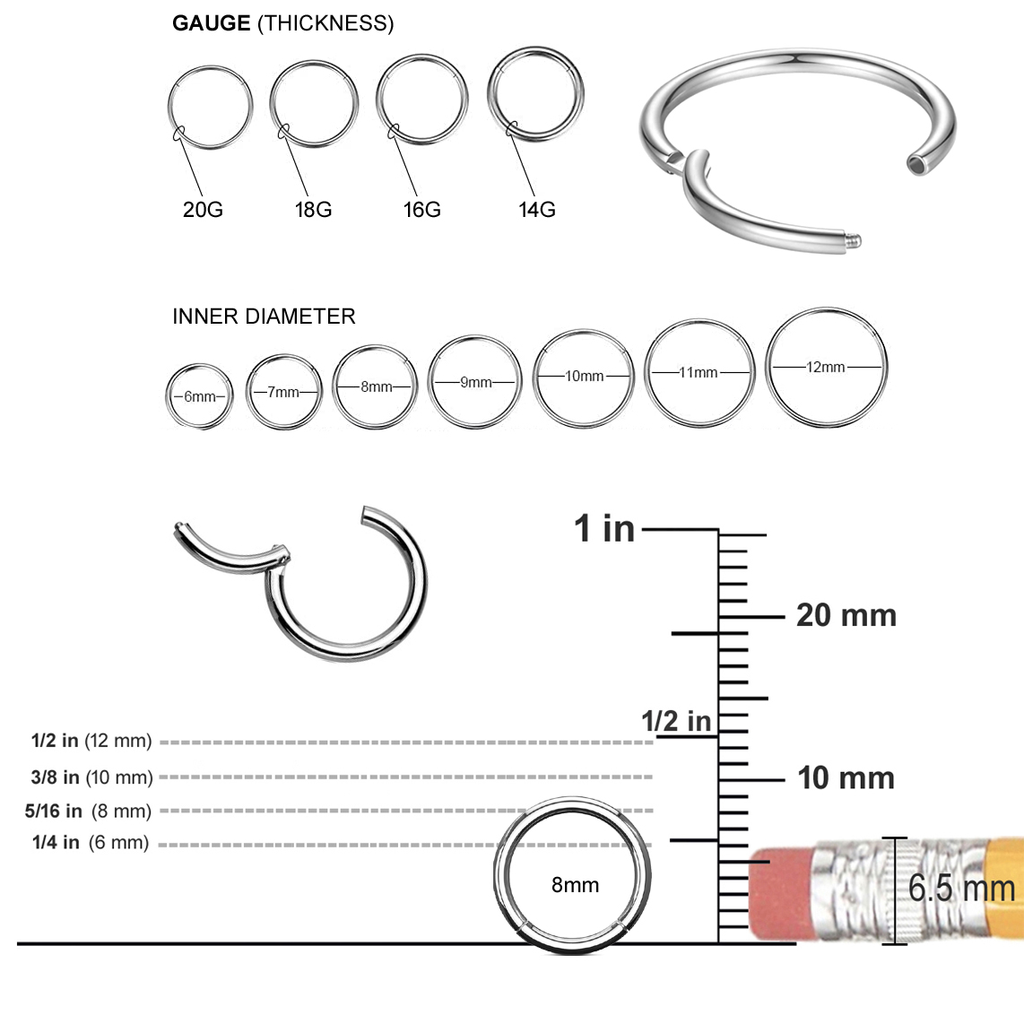 Anneau Clicker Septum Nez 16G Acier Chirurgical 316L Avec CZ – Hinged Ring Piercing Cartilage Helix Tragus 8-10mm