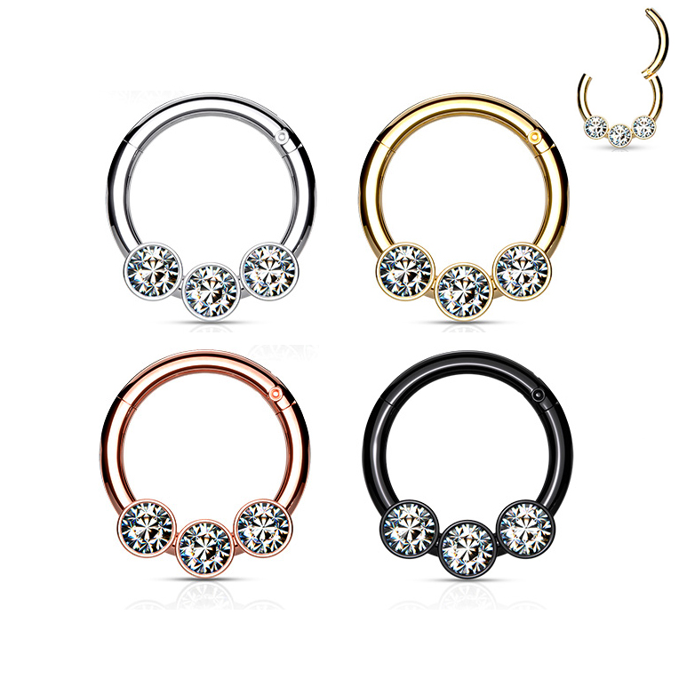 Clicky Rings Number 316L Seamless Hinged Clicker Ring - Triple CZ