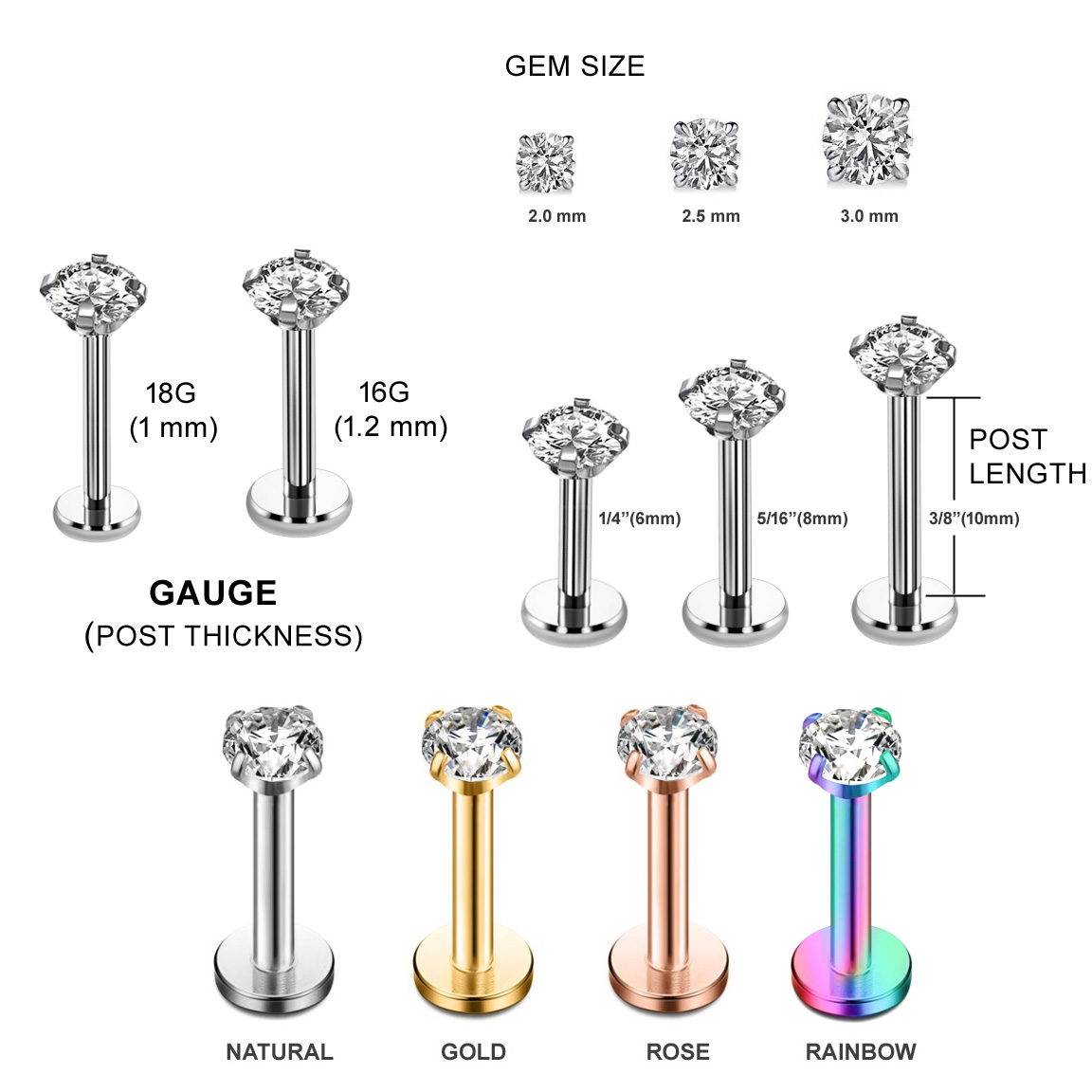 G23 Titanium Prong CZ Internally Threaded Stud - Cartilage, Lip, Nose