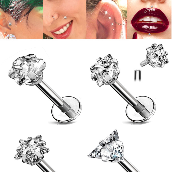 G23 Titanium Threaded Fancy CZ Flat Back Stud Lips, Cartilage