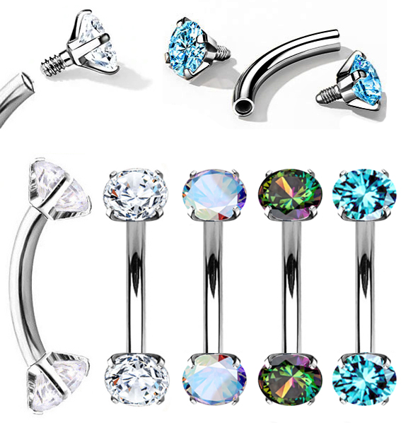 G23 Titanium Internally Threaded CZ Curved Barbell