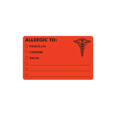 Chart Label Allergy Alert Allergic To: / Peni