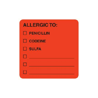Chart Label Allergy Alert Allergic To: / Peni
