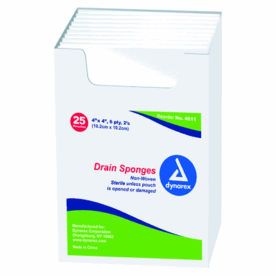 Drain Sponge 4x4 6 Ply 2/Pouch, Sterile - 12/