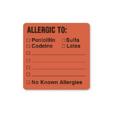 Label HN877, Pre-Printed Label 1-1/2" X 1-1/2" Fluorescent Red, Allergy Alert Label EDP Paper
