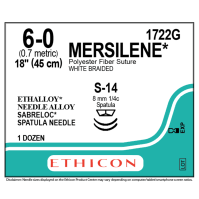 Mersilene 1722G Reverse Cutting Spatula Sutures Size 6-0, S-14 Double Armed
