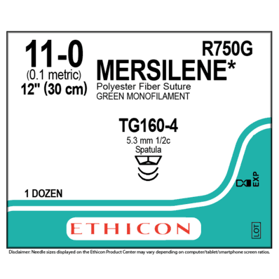 Mersilene R750G Reverse Cutting Spatula Sutures Size 11-0, TG160-4 Double Armed