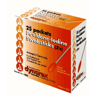 Povidone Iodine Swabsticks 3's - 10/25/Cs - D
