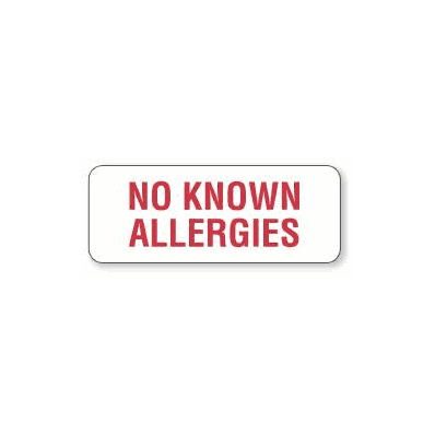 Pre-printed Label Allergy Label No Known Alle