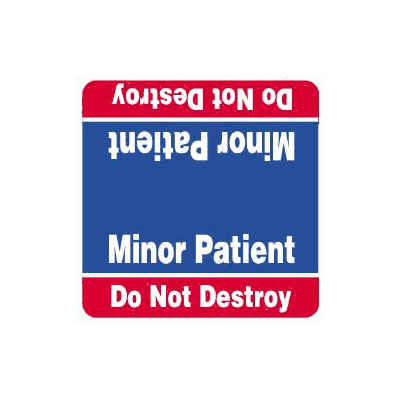 "Minor Patient, Do Not Destroy" Label, 3" X 1", Blue with red bar