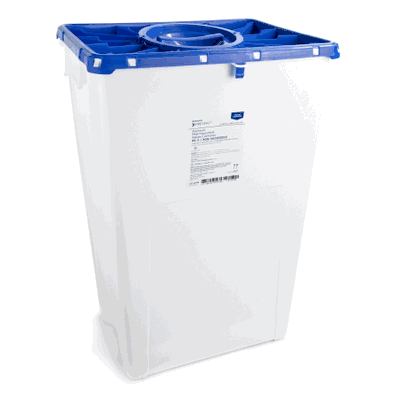 Sharps Container, 24.68" H x 17.3" W x 13" L, 18 Gallon White Base, Blue Lid