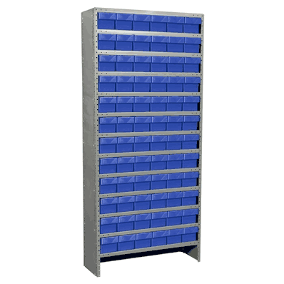 Shelving with 31162 BLUE AkroDrawers, 13 Shelves, 72 AkroDrawers