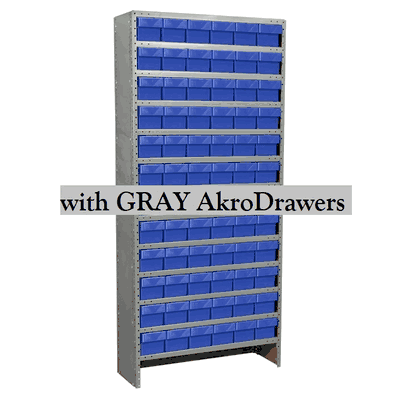 Shelving with 31162 GRAY AkroDrawers, 13 Shelves, 72 AkroDrawers