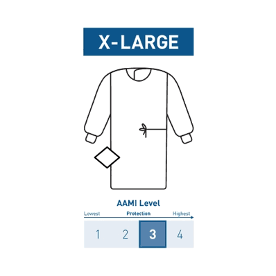 Surgical Gown, X-LARGE, Sterile, AMMI Level 3 w/Towel, color Blue, 52"