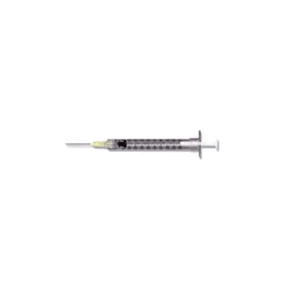 Syringe with Hypodermic Needle, 20 ga 1", 1 mL, Yellow