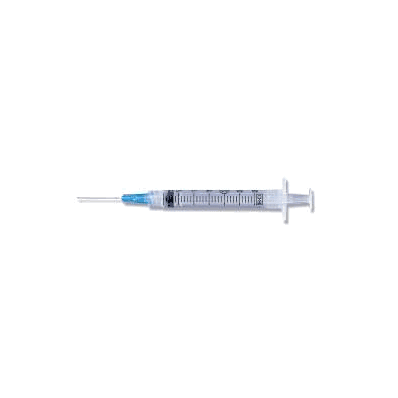 Syringe with Hypodermic Needle, 20 ga 1", 3 mL, Yellow