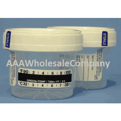 Specimen Container with Temperature Strip, 60 mL Transparent with White Cup, Blue Legend